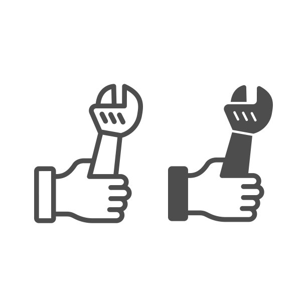 大型扳手在手线和固体图标，劳动节的概念，家庭维修标志在白色背景，扳手在工人的手图标轮廓风格的移动概念和网页设计。矢量图形。图片下载