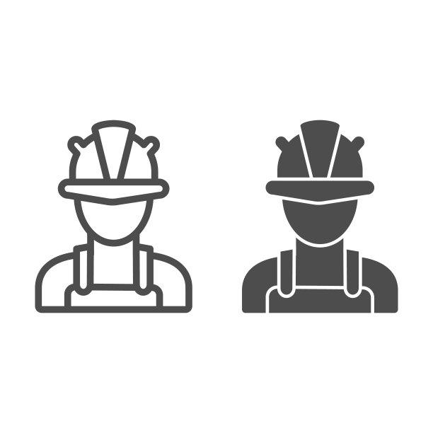 安全帽线上的男人和固体图标，劳动节概念，工程师在白色背景上签名，产业工人图标轮廓风格的移动概念和网页设计。矢量图形。图片下载