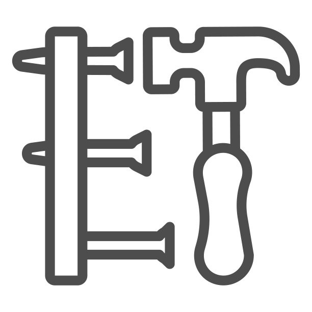 锤子和板与钉子线图标，劳动节概念，木工标志在白色背景，锤击钉子图标在轮廓风格为移动概念和网页设计。矢量图形。图片下载