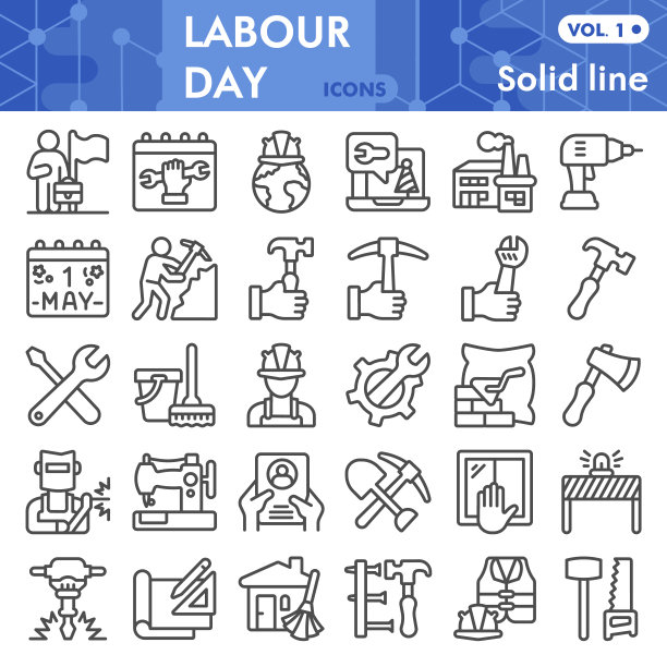 劳动节线图标设置，劳动节符号收集或素描。工业和劳动力线性风格标志的web和应用程序。矢量图形孤立在白色背景。图片下载
