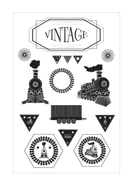 向量复古元素与复古黑色火车，铁路，小旗帜图片下载