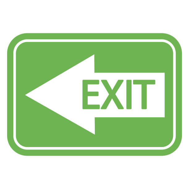 绿色消防出口标志。绿色背景上的左箭头。箭上的出口铭文。股票的形象。每股收益10。图片下载