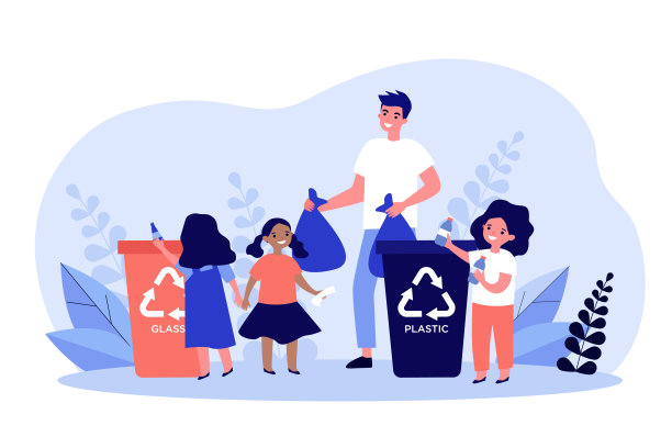 快乐的男人和可爱的孩子们一起分类垃圾图片下载