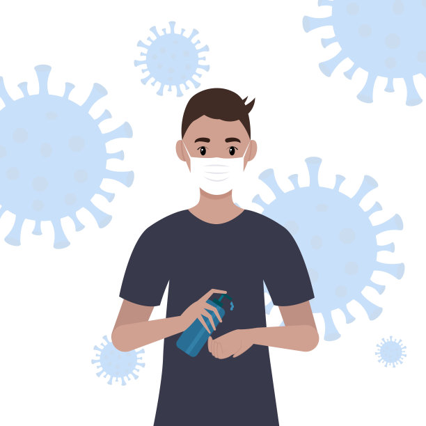 戴口罩的女孩用杀菌剂消毒双手。预防冠状病毒感染。描绘一个人的简单插图。图片下载