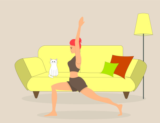 这个女孩在家里练瑜伽。呆在家里。闭关锁国则。摧毁姿势,体式。图片下载