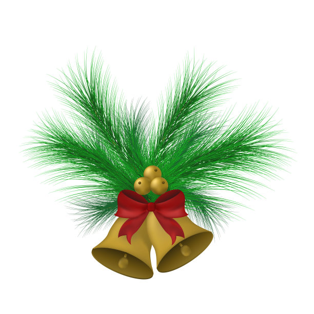 圣诞钟声。圣诞树的树枝，金色的铃铛，红色的蝴蝶结。3 d演示。图片下载