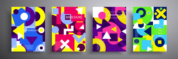 彩色几何海报。带有彩色几何形状的网格。现代抽象广告传单背景矢量插图集。图片下载