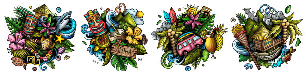 夏威夷卡通矢量涂鸦设计集。图片下载