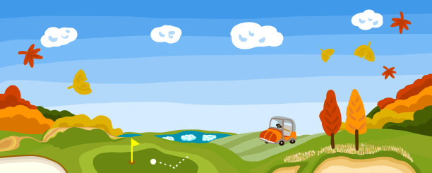 高尔夫球场秋叶全景，蓝天飞舞着落叶图片下载