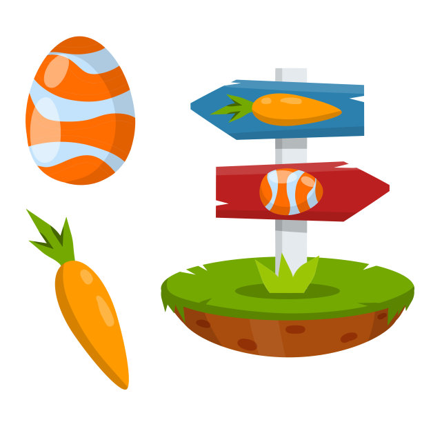 庆祝复活节一套彩色彩绘鸡蛋和胡萝卜。基督教节日。儿童游戏元素。卡通平面插图。用来找物体的盘子。指向路由的符号指针图片下载