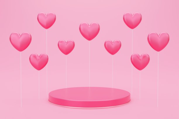 情人节，圆形讲台或基座的3D插图，红色的空工作室，产品背景与心形气球漂浮，爱的概念展示模型图片下载