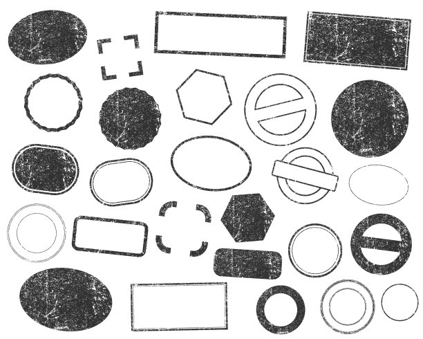 邮票框架矢量图标形状集。邮票垃圾油墨橡胶标签标识收集。孤立在白色背景上。黑色圆形及方形邮票边框套摺。图片下载