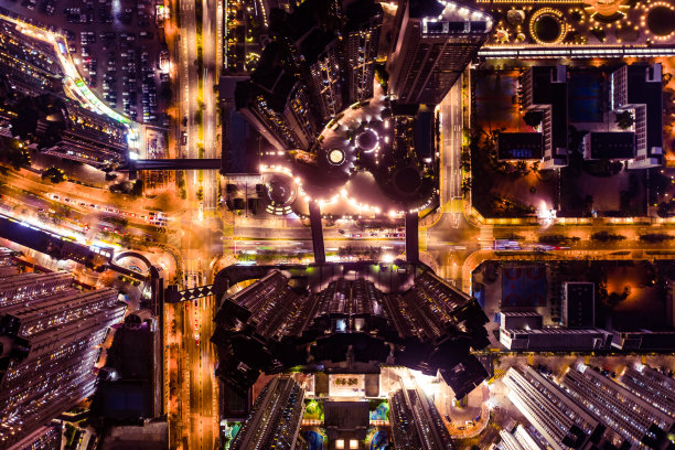 黄昏时分住宅建筑鸟瞰图图片下载