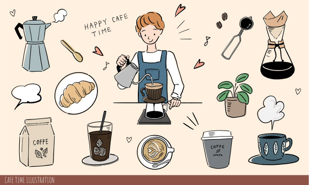 手绘咖啡馆时间插图集，咖啡店图标图片下载