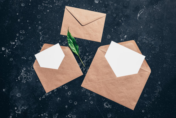 空白贺卡模型在棕色的信封和绿色的树叶。黑色石头垃圾背景。您的设计的Spring模板。平的。图片下载