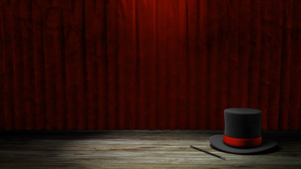 魔术师的帽子。带红丝带和魔杖的黑色高顶礼帽。红色窗帘，木质地板。为文本复制空间。3 d渲染。图片下载