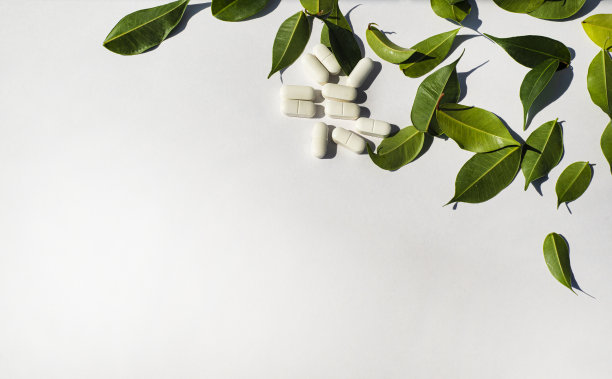 边角由白色药丸和新鲜的绿叶制成。模板为文本的公告说明。健康和营养主题。矿物质和维生素。图片下载