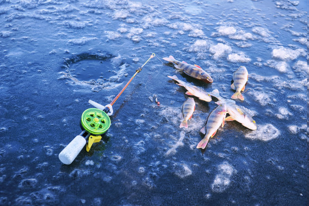 冬季钓鱼。冬天钓鱼用的钓竿和冰上的洞图片下载