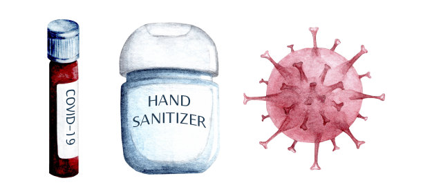 大流行。水彩红色冠状病毒细胞，蓝色洗手液，试管中的试验或疫苗。手绘水彩检疫，病毒说明图片下载