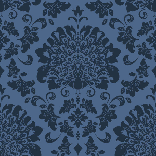 无缝矢量模式与热带鸟类在蓝色的背景。浪漫的复古锦缎墙纸与孔雀。维多利亚风格的时尚纺织品。图片下载