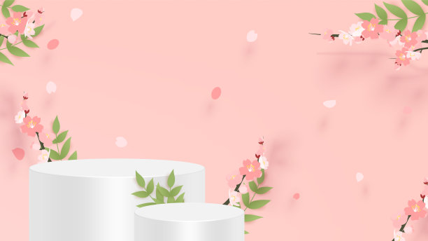 粉色背景中的几何形极简场景：圆柱讲台和粉色樱花，产品展示3D矢量模型图片下载