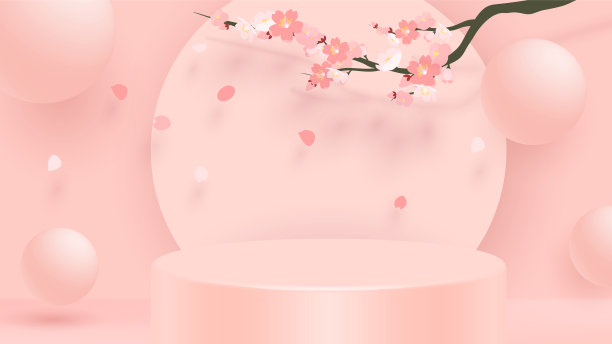 抽象简约几何造型场景，粉色背景圆柱讲台与粉色樱花，产品展示3D矢量图图片下载