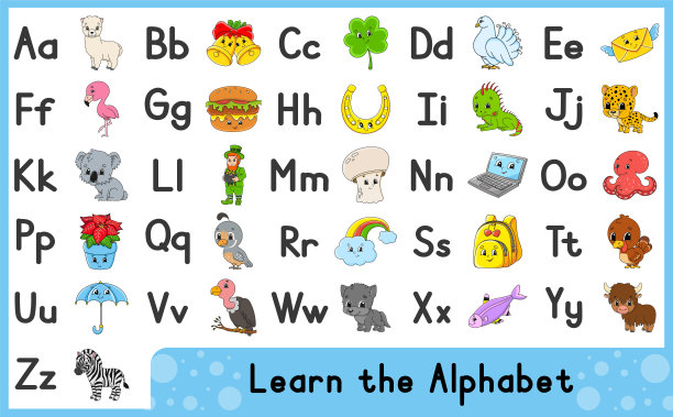 英文字母与卡通人物。向量集。明亮的色彩风格。学习ABC。小写和大写字母。图片下载