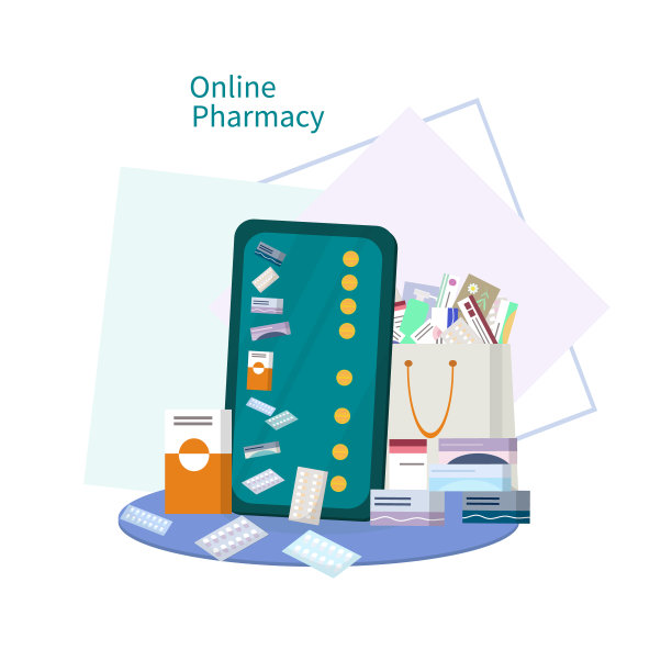 网上药店。药袋。通过电话在线购买药品的概念。药品，瓶装液体和药片。药房网页药品购买。矢量图像，平面风格。图片下载