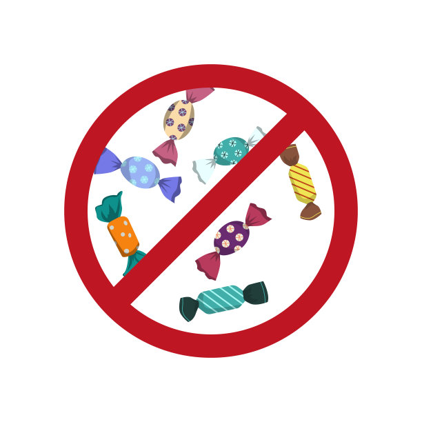 糖果和禁酒标志。健康的概念，适当的营养，节食或限制糖果。孤立的元素在白色上。矢量插图。平的风格。图片下载
