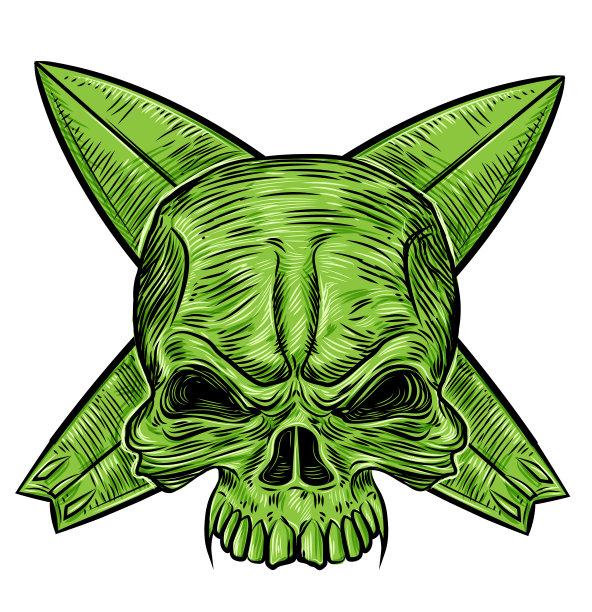 绿色的头骨上面的冲浪板孤立的白色插图图片下载