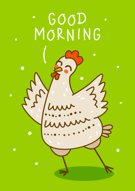 绿色背景上可爱的鸡-快乐农场设计的卡通公鸡形象图片下载