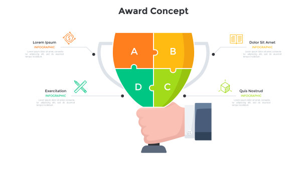 手捧冠军杯或高脚杯分成4块彩色拼图。理念四步迈向商业成功或胜利。简单的信息图表设计模板。现代向量插图。图片下载