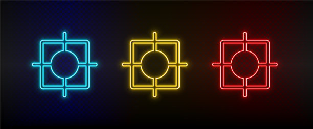 霓虹灯图标设置靶心，飞镖。一套红色，蓝色，黄色霓虹灯矢量图标图片下载