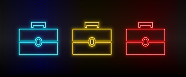 霓虹灯图标集组合。一套红色，蓝色，黄色霓虹灯矢量图标图片下载