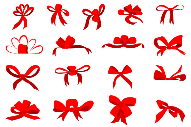 大而漂亮的红色蝴蝶结用于装饰。矢量在一个平面风格孤立在白色。一套蝴蝶结作为礼物。图片下载