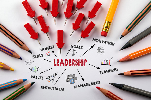 领导的概念。图表与关键字和图标。红色的箭头和彩色的铅笔图片下载