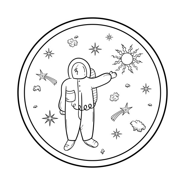 宇航员，星星和小行星。涂鸦风格的太空物体。图片下载
