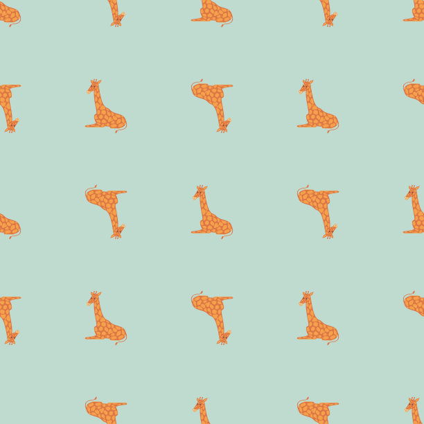 Safari动物无缝图案与涂鸦橙色长颈鹿剪影。浅蓝色背景。图片下载