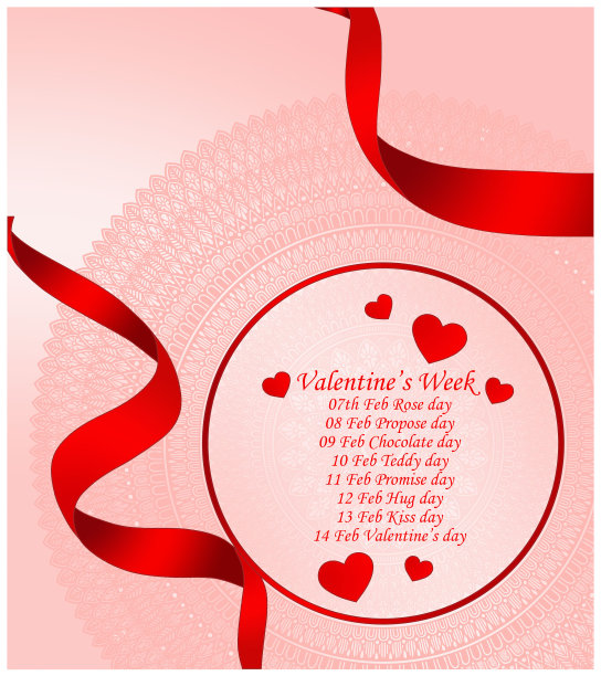 情人节明信片上有所有的日期。红丝带和心形，以曼荼罗为背景图片下载