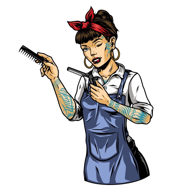 漂亮的眨眼纹身女理发师图片下载