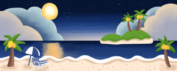 岛上的海滩横幅，在晚上有度假胜地的景色图片下载