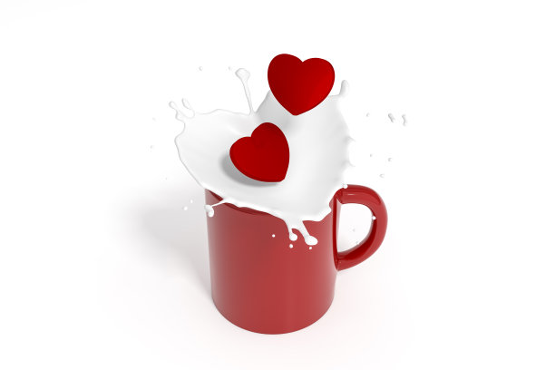 许多红心漂浮在飞溅的一些饮用水与白色的背景3d渲染。3d插图早上的爱和情人节贺卡模板最小的概念。图片下载