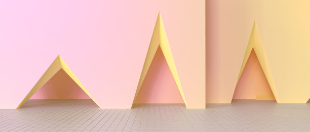 创造性的现代空房间展示和墙壁三角形几何形状设计在黄色的背景。假期在夏季- 3d渲染素材图片