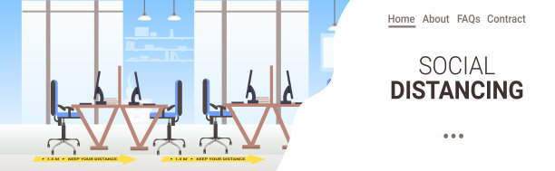 有社交距离标志的办公桌黄色贴纸的冠状病毒疫情防护措施图片下载