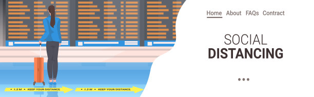 女性乘客与行李保持距离，以防止冠状病毒社会距离概念图片下载