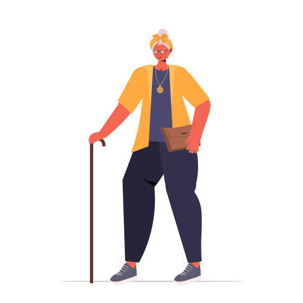 老妇人在休闲时尚的衣服与藤年长女性卡通人物站姿图片下载