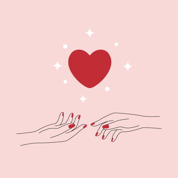 抽象的爱手标志。最小红心女性轮廓手指，自我护理线性纹身设计，美容贴纸。矢量图图片下载