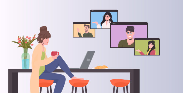 在视频电话在线会议期间，妇女在网页浏览器窗口与混血同事聊天图片下载