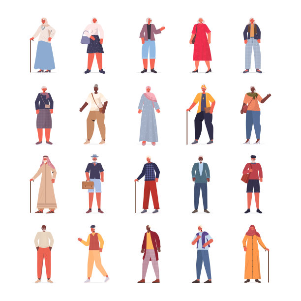 集混合种族，老年女性，男性，休闲时尚服装，老年女性，男性卡通人物收集全长图片下载