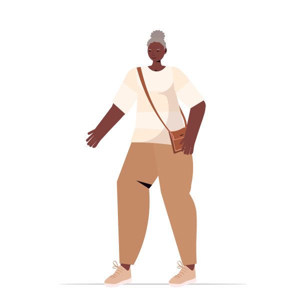 老非裔美国妇女在休闲时尚服装年长女性卡通人物站立姿势图片下载